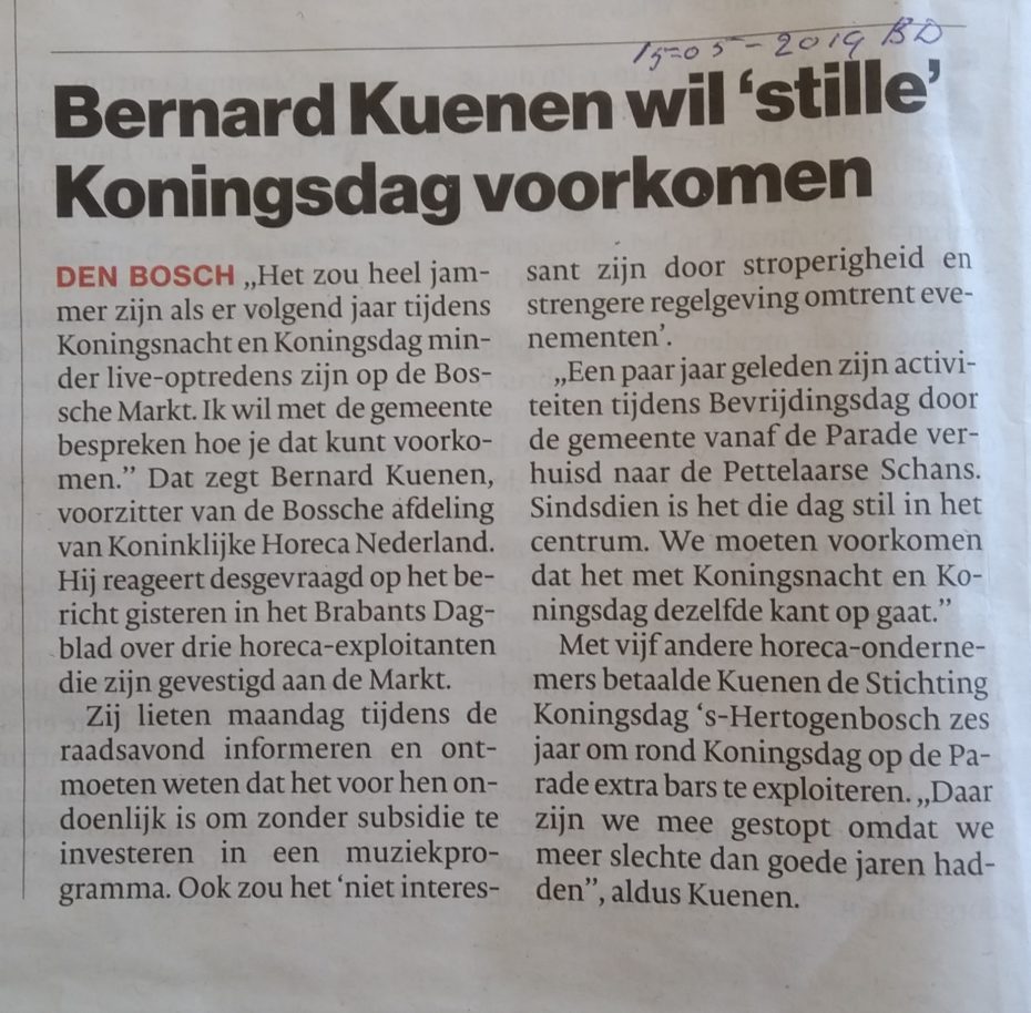 Bernard Kuenen wil stille Koningsdag voorkomen BD 15-05-2019